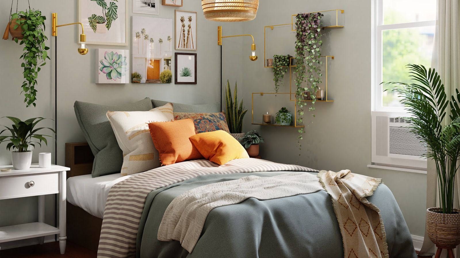 A sunlit Mediterranean room with whitewashed walls, terracotta floors, arched openings, and lush greenery