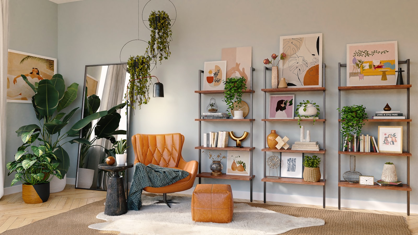 A bright, freshly restyled living room with rearranged furniture, new cushions, and greenery.