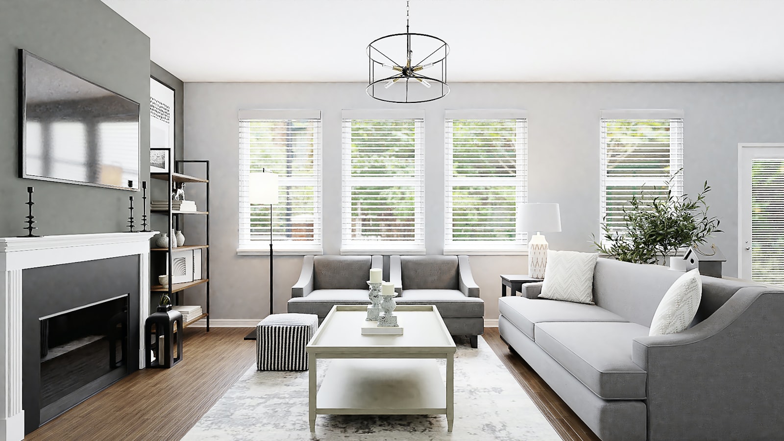 A stylish studio apartment with a defined sleeping area, a small sofa, a compact dining spot, and warm lighting