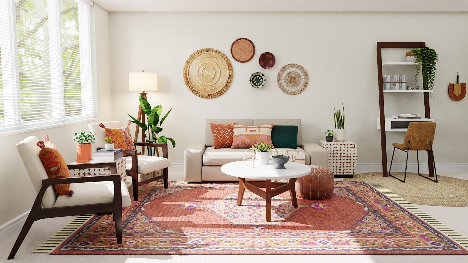 A spacious living room with a large area rug anchoring the sofa and chairs on a wood floor.