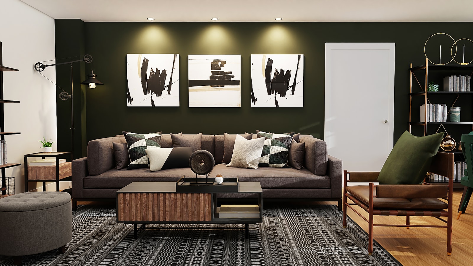 An eclectic living room mixing a modern sofa, an antique chair, layered art, and varied textures in a warm palette