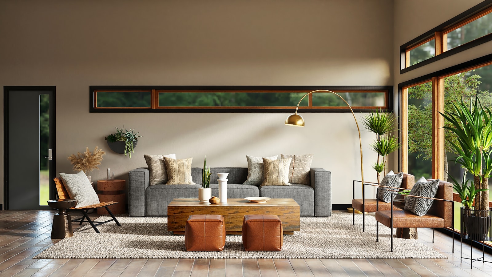 A cozy rented apartment styled with rugs, textiles, plants, and leaning art, all damage-free.