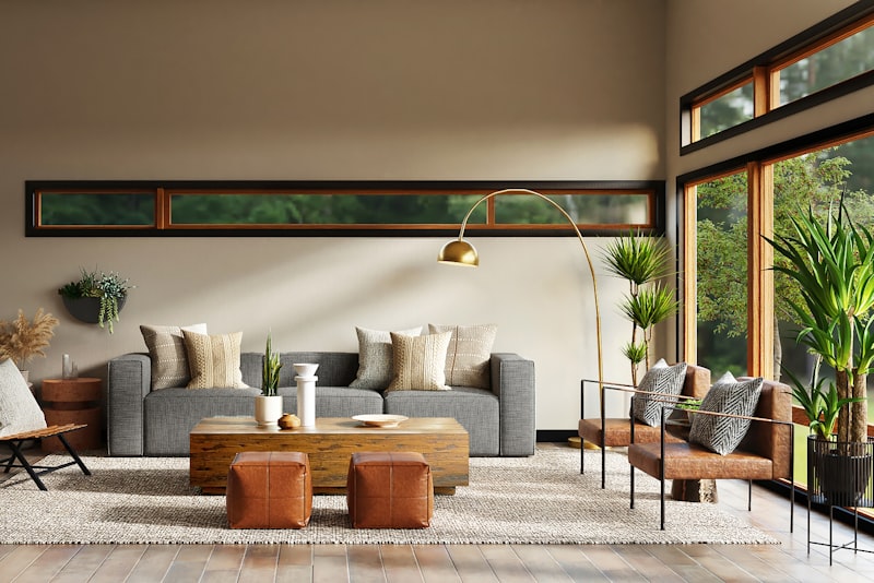 A tidy home office with a wooden desk, a comfortable chair, a plant, and warm natural light from a window